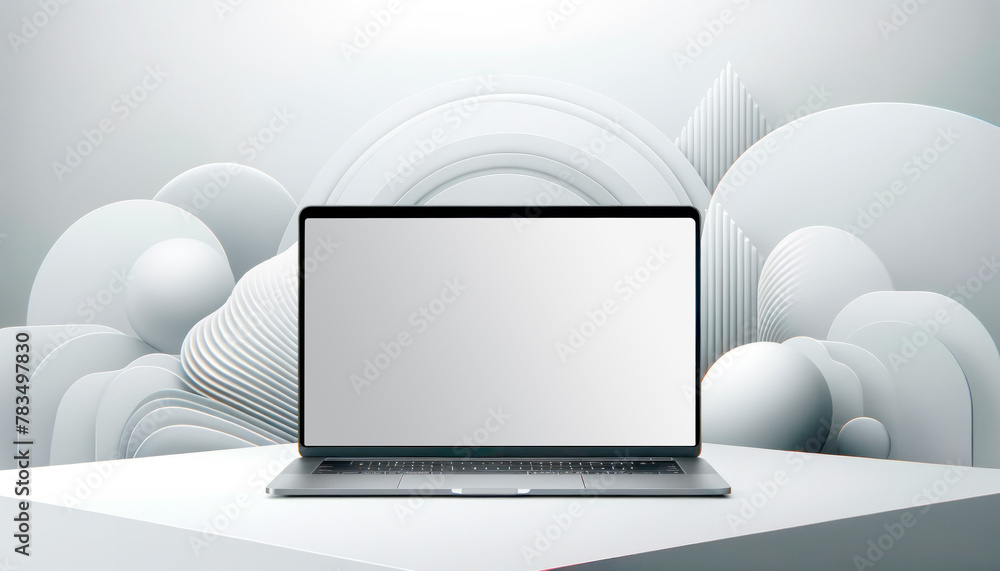 Aufkleber a laptop with a blank screen on a minimalistic, white geometric background, showcasing a modern disp
