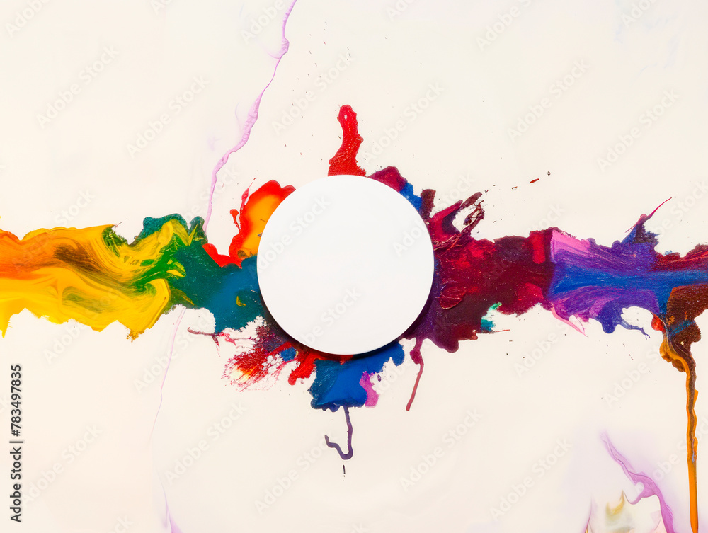 Poster a blank circle on a colorful paint splatter background, representing a space for design or branding.