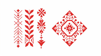 Abstract Red Folk Art Geometric and Floral Designs

