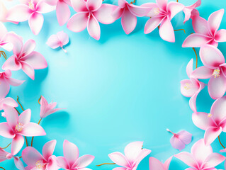 Pink flowers frame an empty blue center, digital illustration, on plain background, concept of spring. Generative AI
