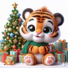Fototapeta premium a cute tiger with Christmas tree and gifts , funny, happy, smile, white background
