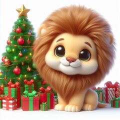 a cute lion with Christmas tree and gifts , funny, happy, smile, white background