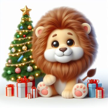 a cute lion with Christmas tree and gifts , funny, happy, smile, white background