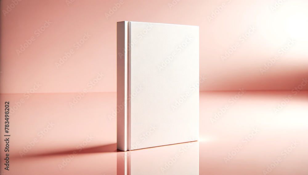 Aufkleber a blank book standing upright on a reflective surface against a gradient pink background, ideal for 