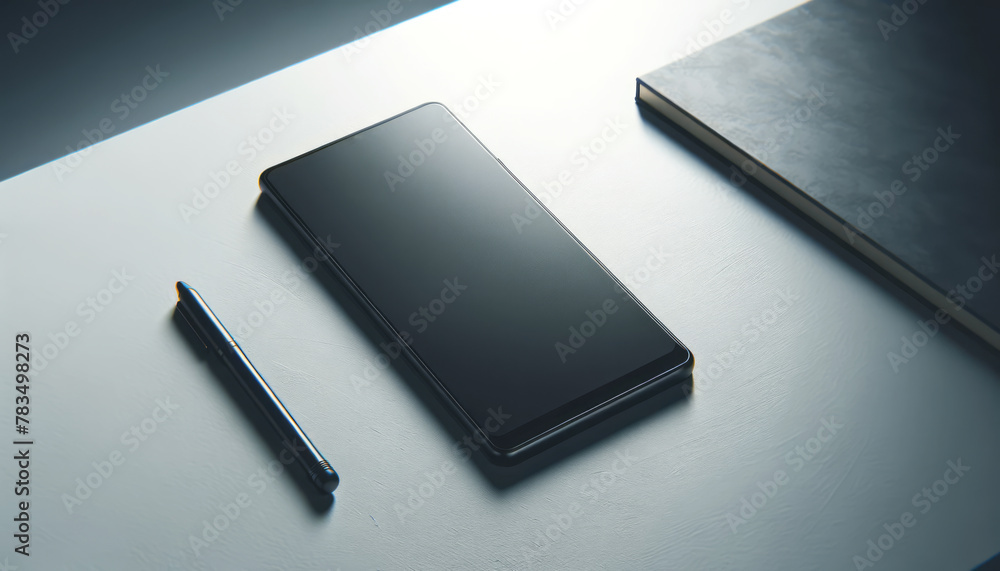 Aufkleber an image featuring a smartphone, pen, and notebook on a smooth surface, embodying a professional, mo