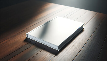 A book with a blank cover on a wooden table, with a light angled across it, conveying a clean mockup. Generative AI