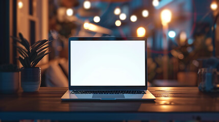 An open laptop with a blank screen on a wooden table, evening interior background, concept for branding mockup. Generative AI