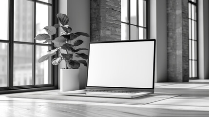 An open laptop with a blank screen on a wooden table, indoor setting with a potted plant and windows, concept of workspace. Generative AI