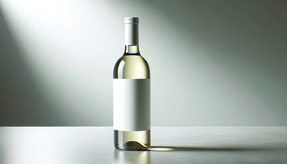 A wine bottle with a blank label on a reflective surface with a light gradient background, ideal for branding mockup. Generative AI