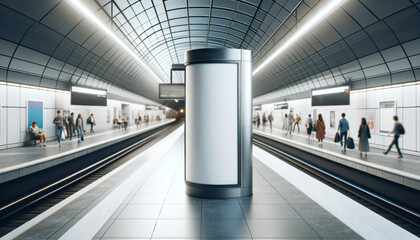 Empty advertising column in a subway station with people waiting on the platform, modern interior, concept of public transport advertising. Generative AI