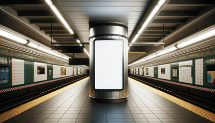 Blank advertising billboard in a subway station, modern digital-style on a clean background, concept of public advertising space. Generative AI