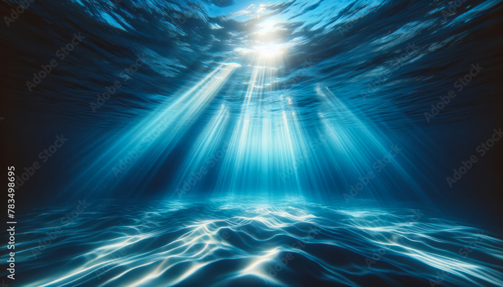 Poster underwater view of sun rays penetrating the ocean surface. peaceful marine concept. generative ai