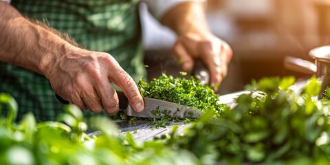 Chef chopping fresh herbs, close-up, bright natural light, sharp knife, vibrant green