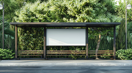A bus stop shelter with a blank advertising billboard, surrounded by lush greenery on a clear day. Generative AI