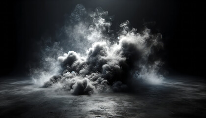 Intense smoke explosion on dark concrete background. Power and energy concept. Generative AI
