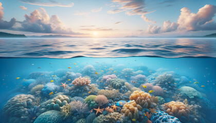 Colorful coral reef under sunrise sky with cloud reflections on water. Ecosystem diversity concept....