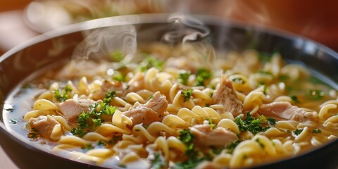 Chicken noodle soup, focus on noodles and chicken pieces, steam visible, warm light