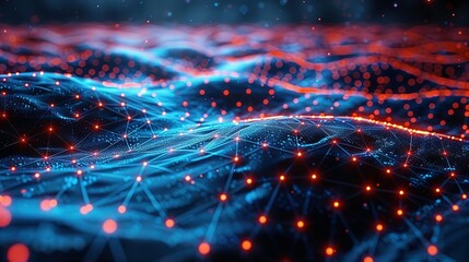 Cyber big data flow. Blockchain data fields. Network line connect stream. Concept of AI technology, digital communication, science research, 3D illustration neural cells.