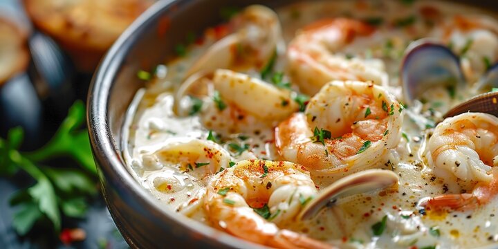 Seafood chowder, close-up, creamy texture, soft focus on clam and shrimp, bright light