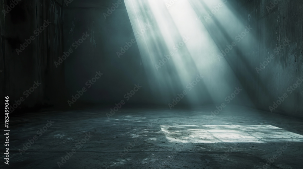 Aufkleber Sunbeams filtering through a window in a dark concrete room. Solitude and reflection concept. Generative AI