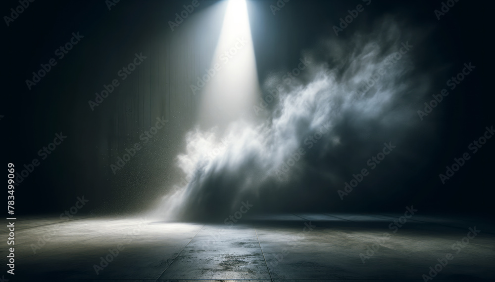 Poster majestic light rays over foggy concrete floor in darkness. divine and ethereal concept. generative a