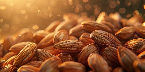 Almonds in heap, soft side light, nutty texture highlighted, close shot, high detail  - obrazy, fototapety, plakaty