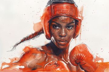 Female boxer athlete in orange watercolor painting, Sport, competition - obrazy, fototapety, plakaty