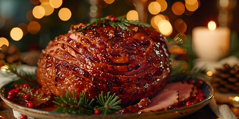 Glazed ham, holiday lights twinkling in background, close-up, warm festive glow