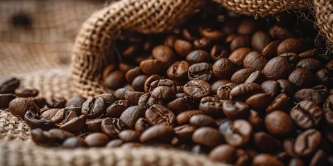 Foto op Plexiglas Coffee beans scattering, burlap surface, close focus, warm dim light, rich brown tones  © Thanthara