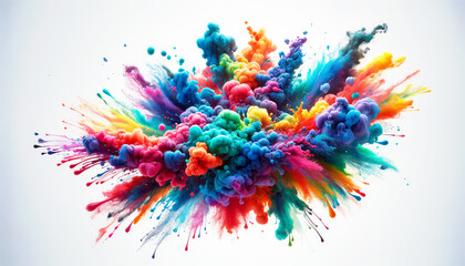 Colorful explosion of cloud-like paint splatters on a white background. Artistic creativity concept. Generative AI