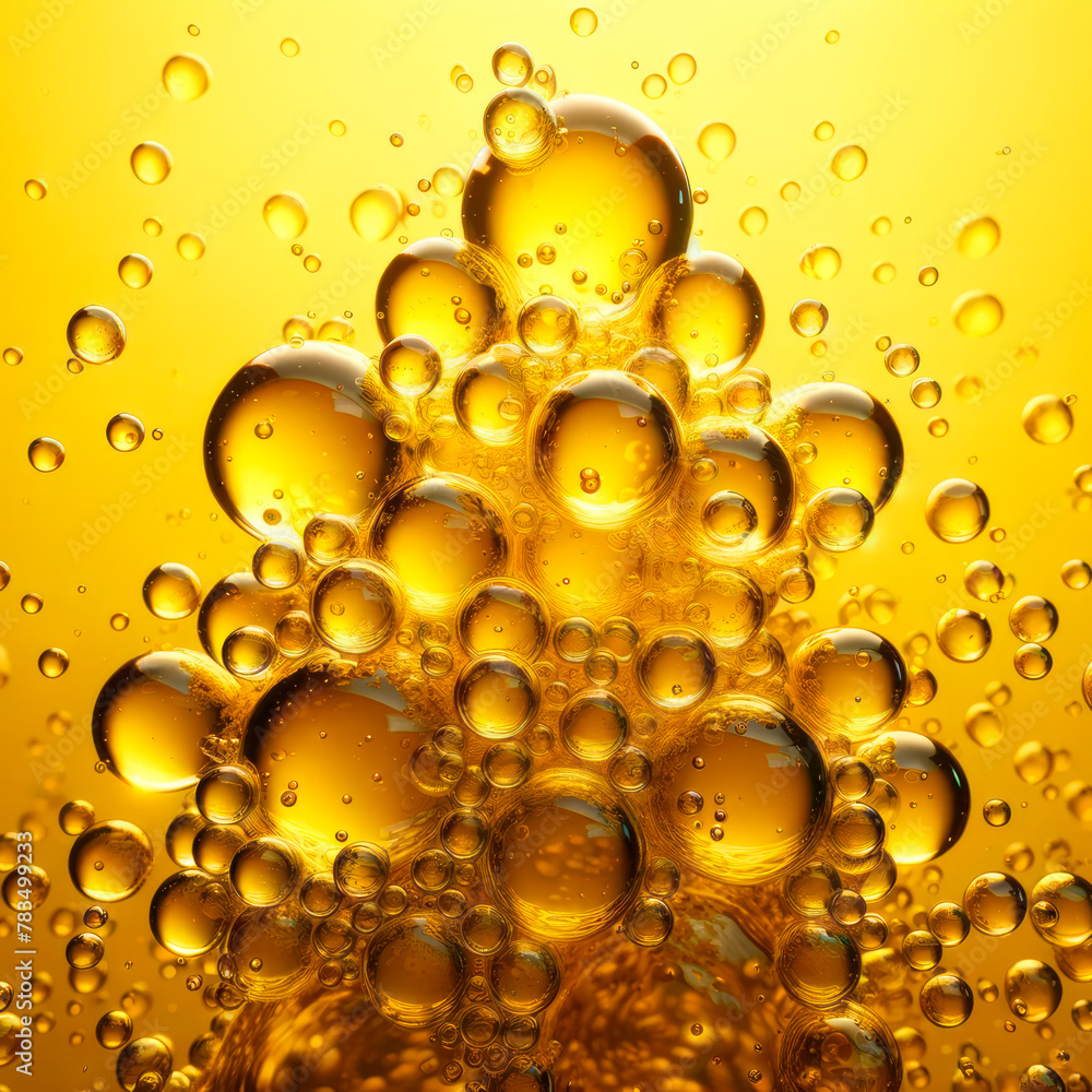 Poster abstract pattern of oil bubbles on a water surface, modern art style, vibrant yellow background, con
