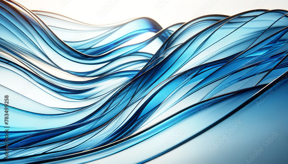 Poster Twisting blue glass-like structures create a dynamic abstract design on a light gradient background, portraying motion and fluidity. Generative AI