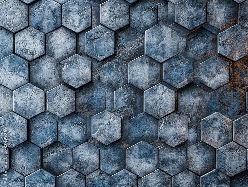 Poster hexagonal tile pattern in blue tones as wall design, modern geometric abstract backdrop. generative 