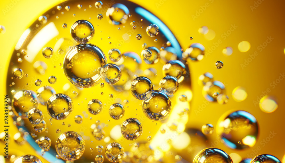 Poster close-up of water droplets on a bright yellow abstract background, reflecting light in various sizes