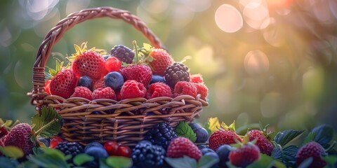 Basket of mixed berries, soft focus background, natural morning light, vivid colors 