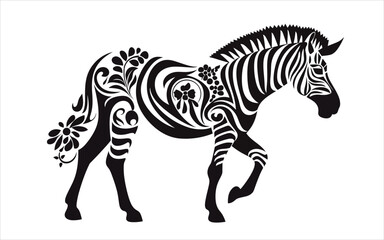 Fototapeta na wymiar Zebra silhouette, black and white design, zebra tattoo sketch, hand drawn black animal engraving, vector illustration, SVG, great for t-shirt, mug, birthday card, wall sticker, sticker, iron-on, scrap