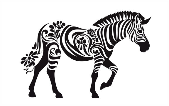 Zebra silhouette, black and white design, zebra tattoo sketch, hand drawn black animal engraving, vector illustration, SVG, great for t-shirt, mug, birthday card, wall sticker, sticker, iron-on, scrap
