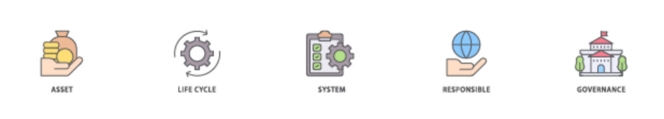 Asset management icon packs for your design digital and printing of asset, life cycle, system, responsible and governance icon live stroke and easy to edit 