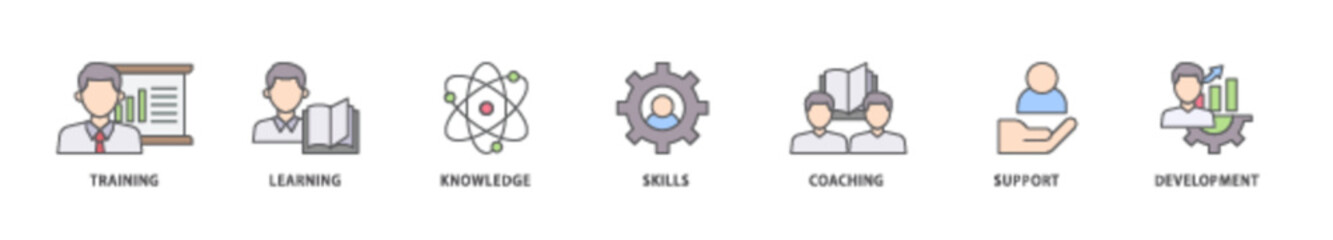 Capacity building icon packs for your design digital and printing of training, learning, knowledge, skills, coaching, support, and development icon live stroke and easy to edit 