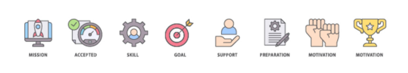 Challenge icon packs for your design digital and printing of mission, accepted, skill, goal, support, preparation, motivation and success icon live stroke and easy to edit 