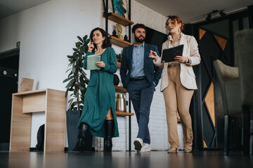 Three creative professionals engaged in a discussion while holding notebooks and a digital tablet in a stylish office setting.