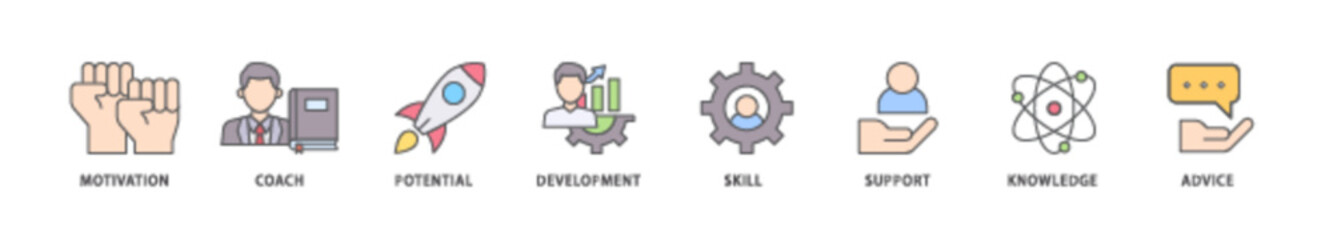 Coaching icon packs for your design digital and printing of motivation, coach, potential, development, skill, support, knowledge, and advice icon live stroke and easy to edit 