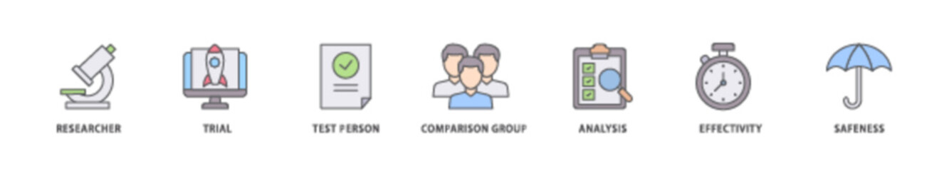 Clinical study icon packs for your design digital and printing of researcher, trial, test person, comparison group, analysis, effectivity, and safeness icon live stroke and easy to edit 