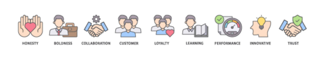 Company values icon packs for your design digital and printing of honesty, boldness, collaboration, customer loyalty, learning, performance, innovative, trust icon live stroke and easy to edit 