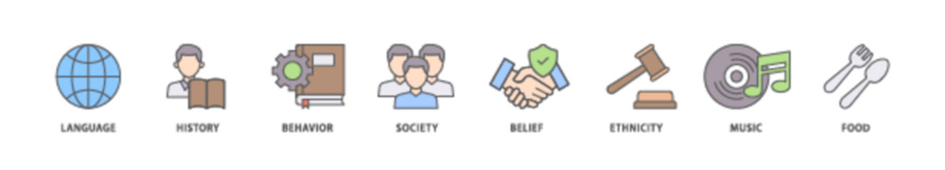 Culture icon packs for your design digital and printing of food, music, society, ethni, city, belief, behavior, history, language icon live stroke and easy to edit 