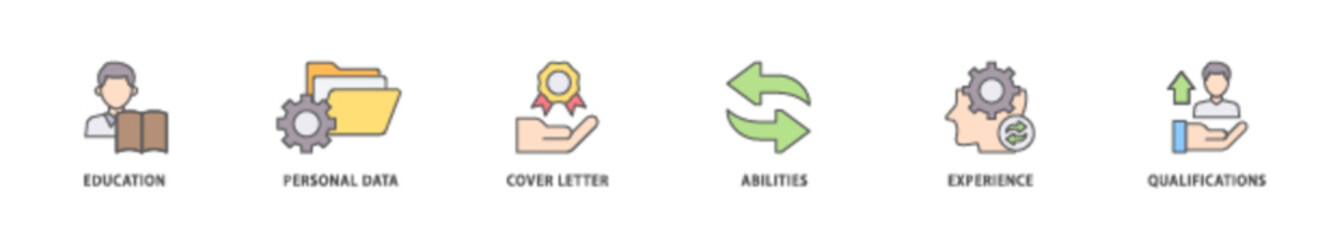 Curriculum vitae icon packs for your design digital and printing of education, personal data, cover letter, abilities, experience and qualifications icon live stroke and easy to edit 