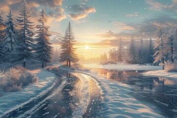 A snowy landscape with a road and a river. The sun is setting, casting a warm glow on the scene. The trees are bare, but the snow-covered ground and the water create a serene and peaceful atmosphere - obrazy, fototapety, plakaty