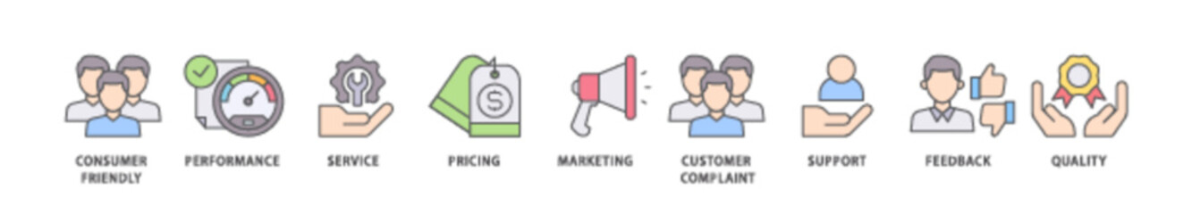 Customer satisfaction icon packs for your design digital and printing of consumer friendly, performance, service, pricing, marketing, customer complaint icon live stroke and easy to edit 