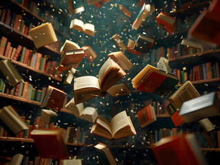 A book levitates amidst a cloud of confetti.