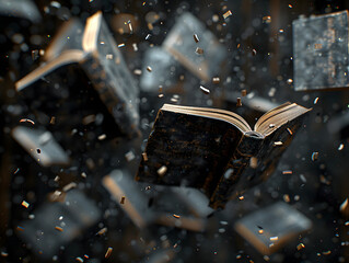A book levitates amidst a cloud of confetti.